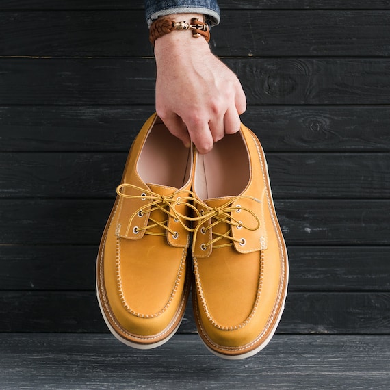 Moc Toe Maize Yellow Leather Mens Women Summer Shoes - #hobomoctoe