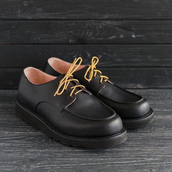 Classic Moc Toe Black Oxford Handmade Men Women Leather Classic Moc Toe Black Oxford Handmade Men Women Leather