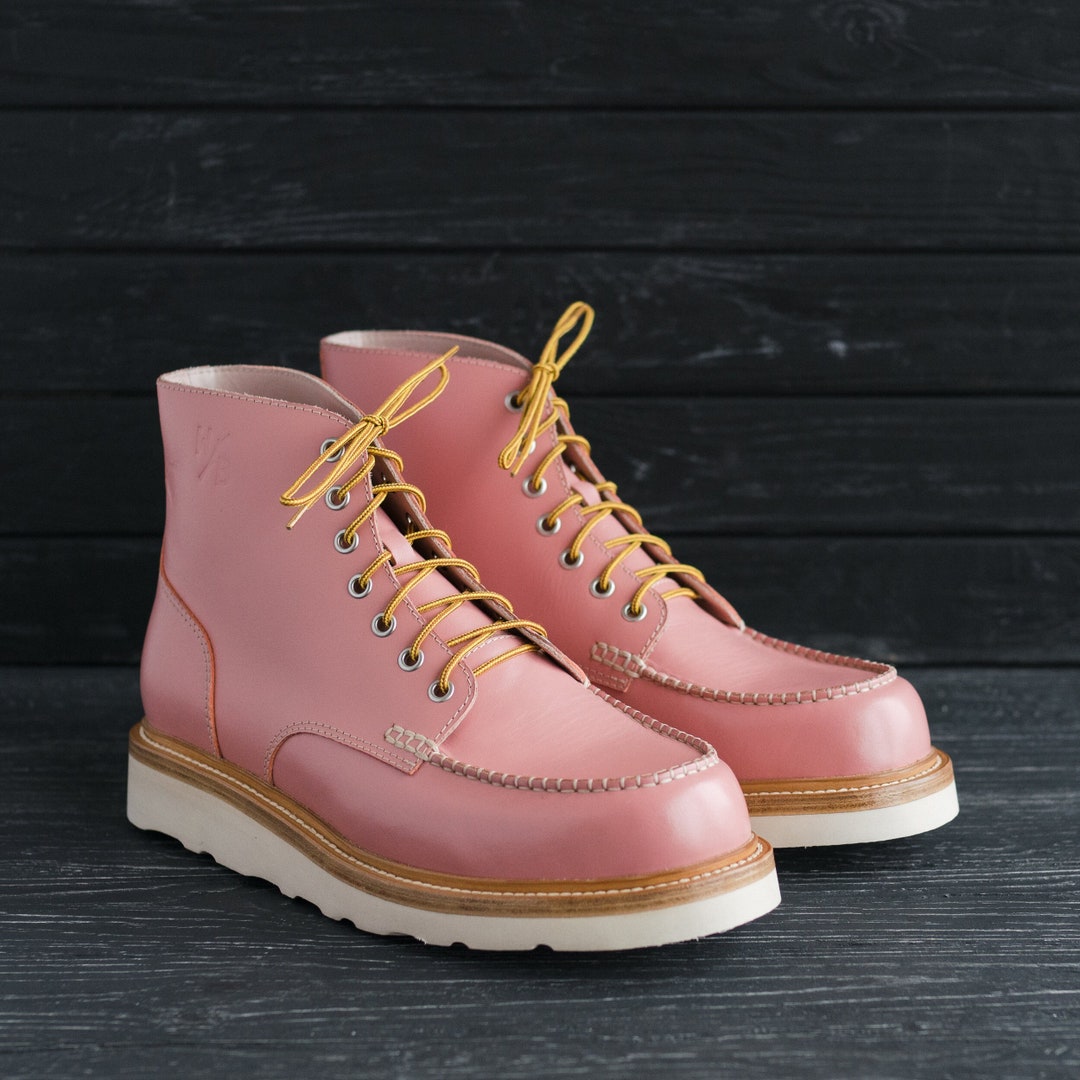 Pink Moc Toe Mens Womens Handmade Leather Boots - #samuraimoctoe
