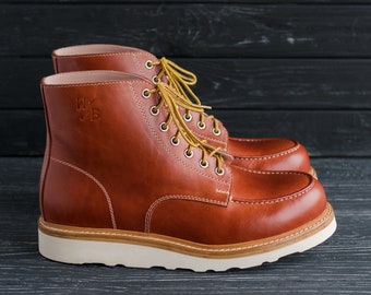Classic Moc Toe Mens Lace Up Boots, Handmade Heritage Leather Boots, Rugged Work Boots by WolfAndBeard - #IndianMocToe