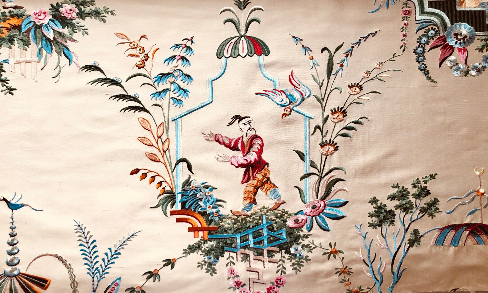 CHINESE GARDEN Embroidered Silk Fabric Chinoiserie Toile Etsy
