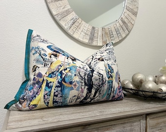 JAPANESE GARDEN - Violet and Petrol Colorway - Enchanted Gardens  Fabric Pillow Cushion COVER Handcrafted