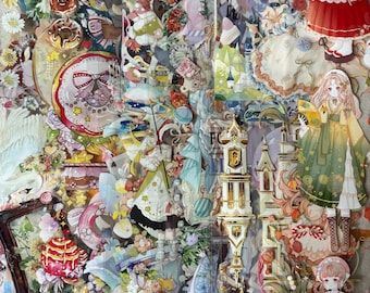 May include: A collage of colorful paper cutouts featuring whimsical characters, buildings, and floral designs. The collage includes a variety of textures and patterns, creating a visually appealing and intricate design.