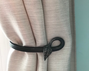 Hand Forged Curtain Tie Backs, Leaf style. Pair.