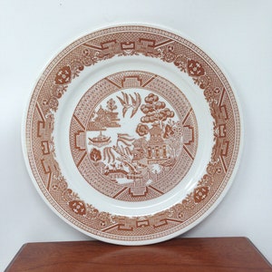 Rzadki zabytkowy talerz z brązowej wierzby wykonany z porcelany Buffalo Pottery China.