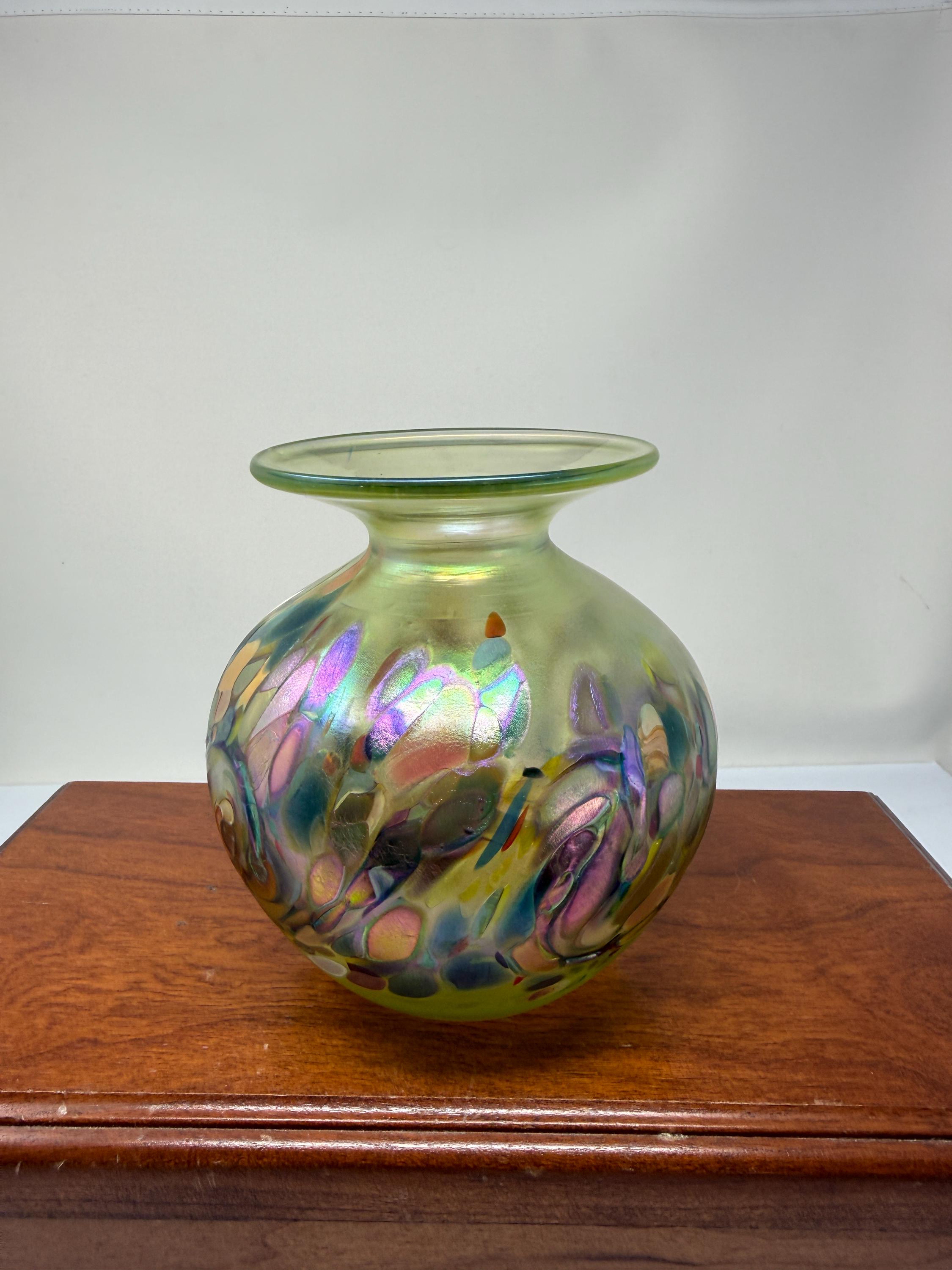 Vintage Estate Signed Arte Vargas Glass Iridescent Art Glass Vase