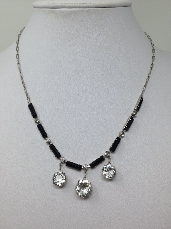 Deco Style Sterling Black and Clear Stone Necklace