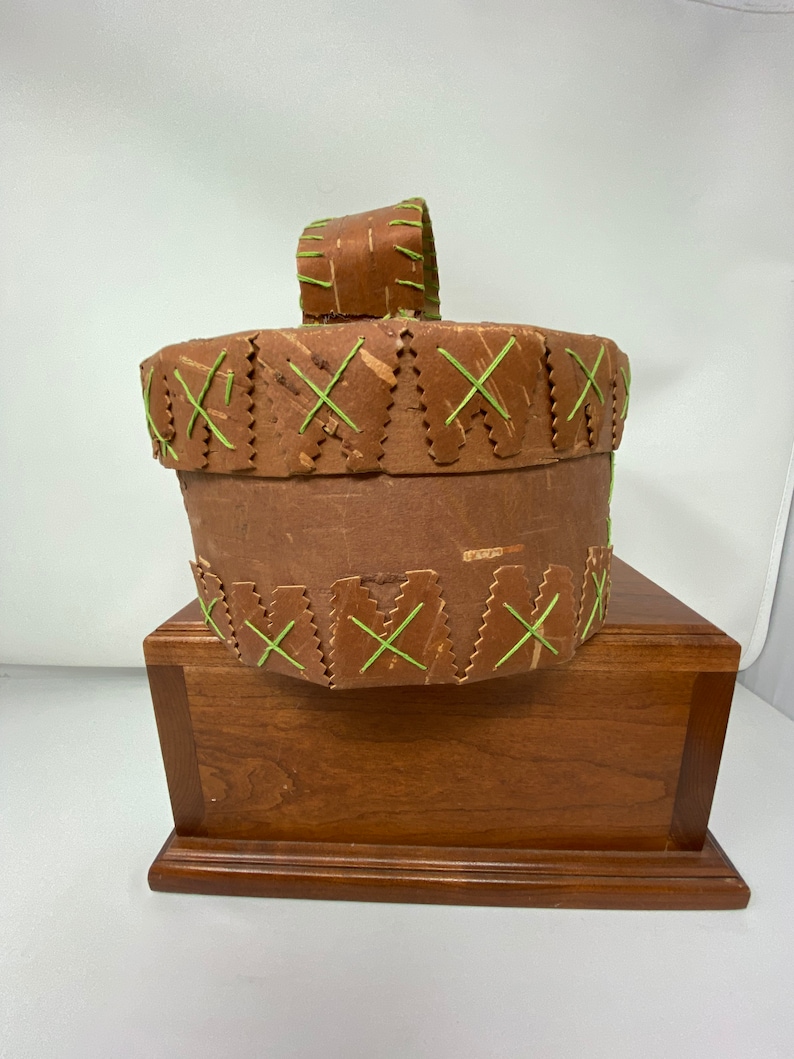 Vintage Hand made  Bark Round Basket with Handled Lid.