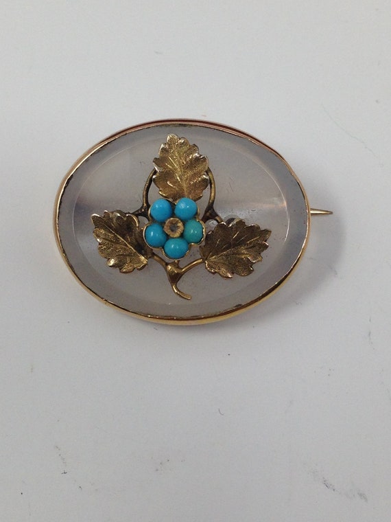 Antique 9Kt Gold Chalcedony Turquoise Brooch - image 1