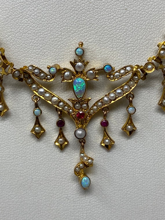 Antique Art Nouveau 9Kt Opal, Ruby and Pearl Neck… - image 5