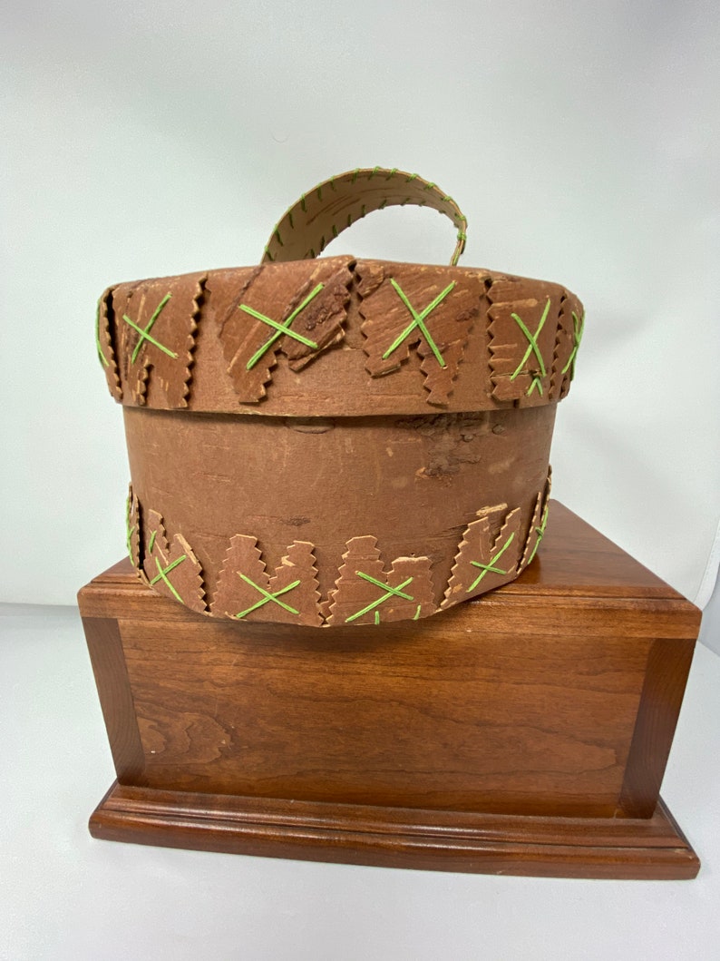 Vintage Hand made Bark Round Basket with Handled Lid.