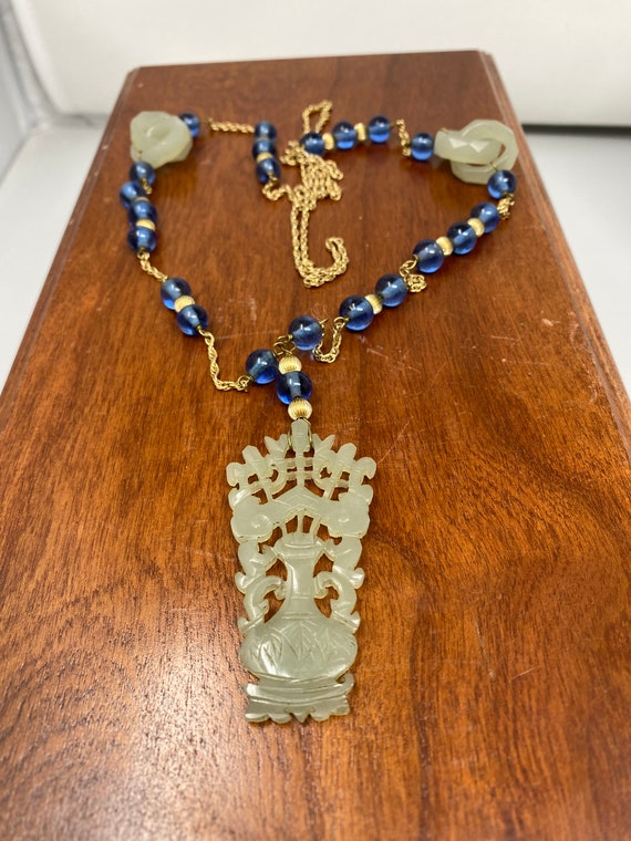 Antique Chinese Celadon Jade Pendant & Blue Glass… - image 6