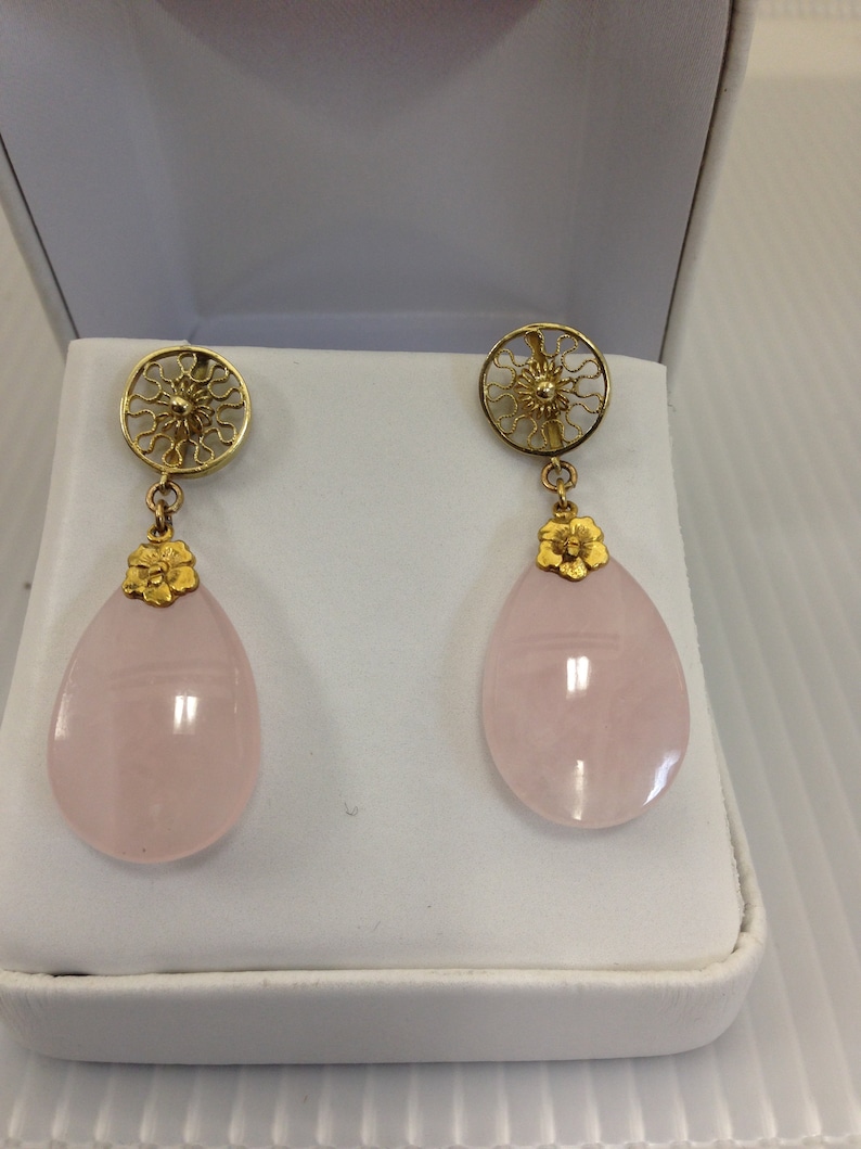 Antique Estate Victorian 14Kt Rose Quartz Tear Shape Pierce Earrings image 1