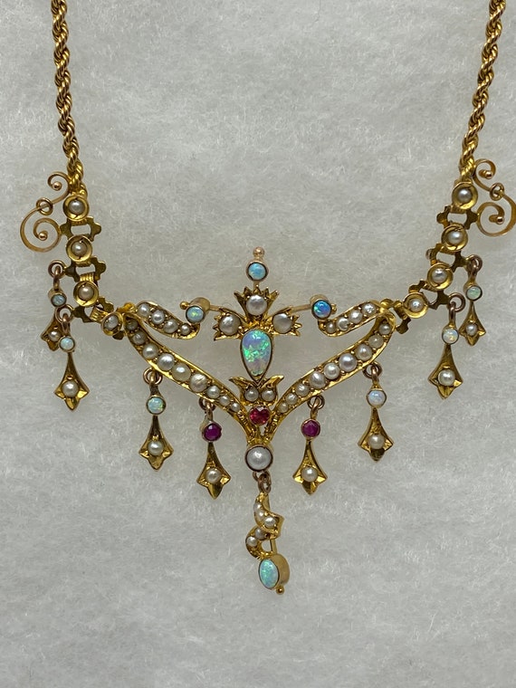 Antique Art Nouveau 9Kt Opal, Ruby and Pearl Neck… - image 4