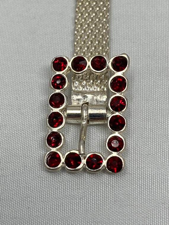 Sterling Italy Belt Design Mesh Bracelet with Red… - image 4