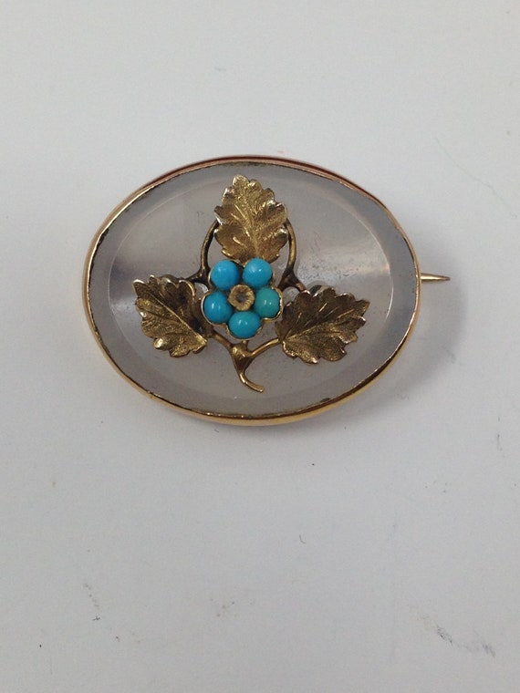 Antique 9Kt Gold Chalcedony Turquoise Brooch - image 2