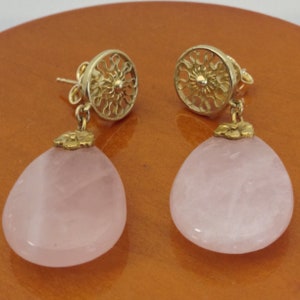 Antique Estate Victorian 14Kt Rose Quartz Tear Shape Pierce Earrings image 9