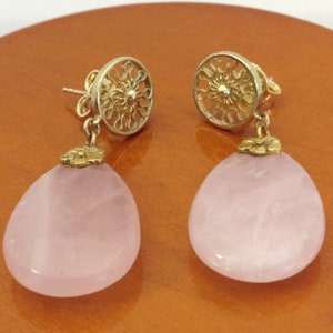 Antique Estate Victorian 14Kt Rose Quartz Tear Shape Pierce Earrings image 4