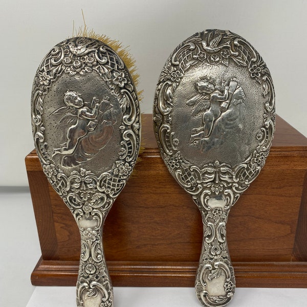 Antique George Nathan & Ridley Hayes Sterling Silver Cupid, Dove, Raised Faces, Flowers,  Scrolls Mirror and Brush Set. -as found.