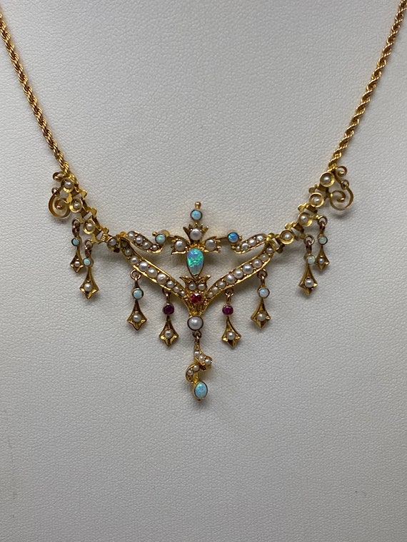 Antique Art Nouveau 9Kt Opal, Ruby and Pearl Neck… - image 1