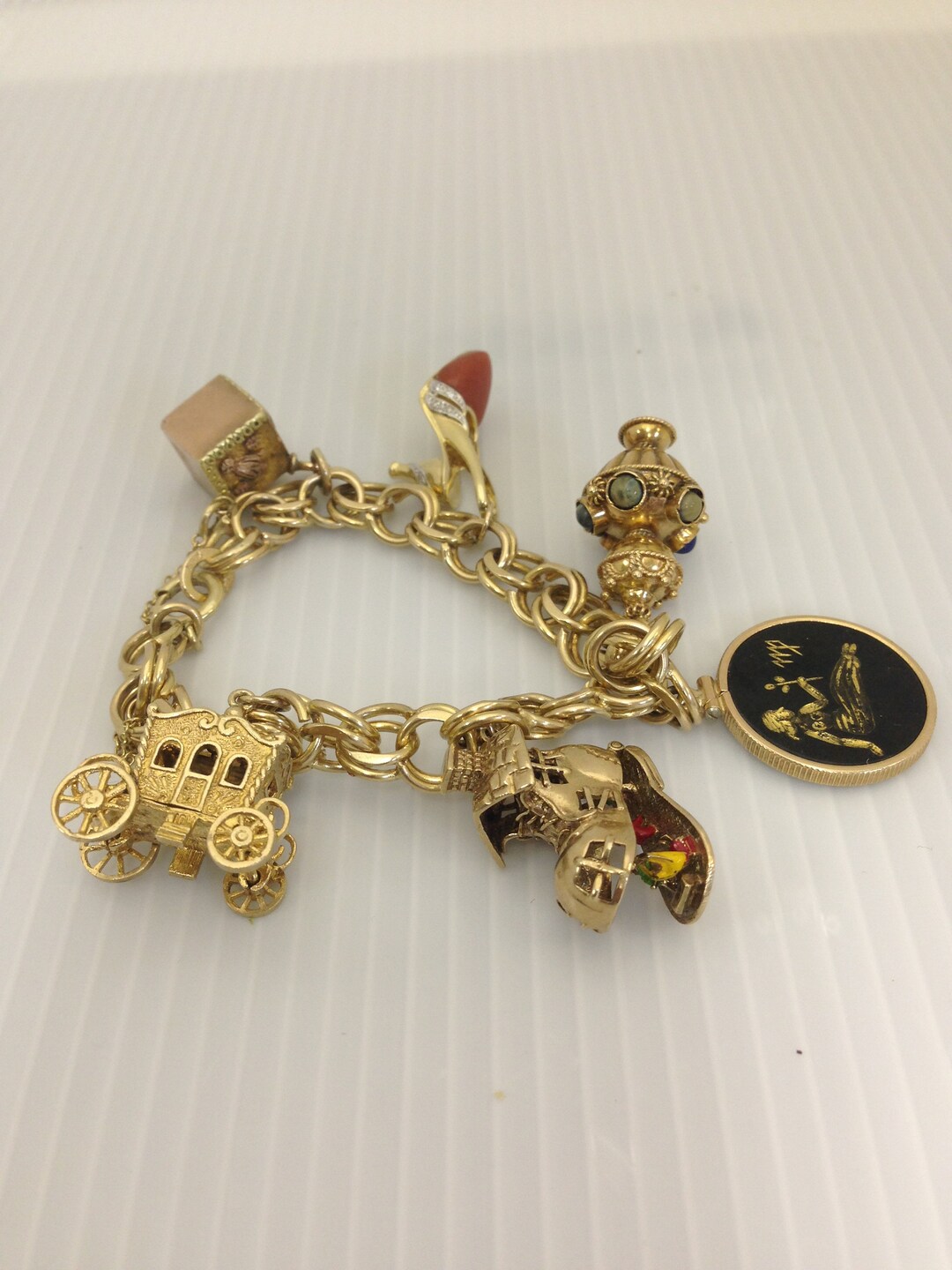 18K Yellow Gold Charm Bracelet , Large Charm Bracelet, Heavy Charm