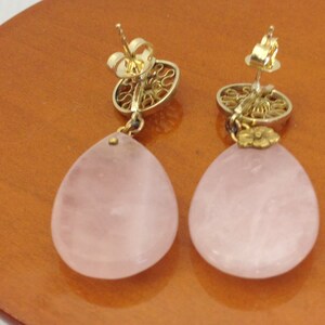 Antique Estate Victorian 14Kt Rose Quartz Tear Shape Pierce Earrings image 2