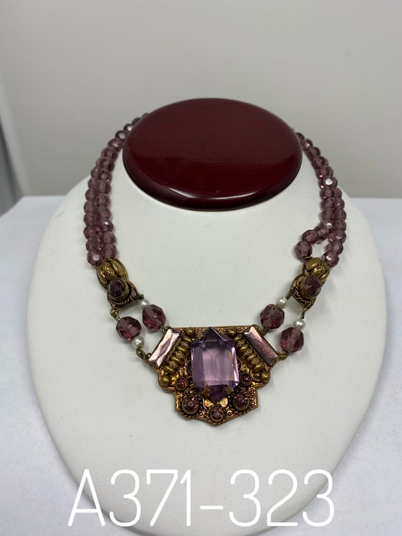 Antique Purple Glass and White Bead Necklace.