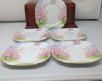 Royal Albert &quot;Blossom Time&quot; Vintage Square  5 Side Plates, Pink Tree Dishes, Bone China, Bread & Butter Plates
