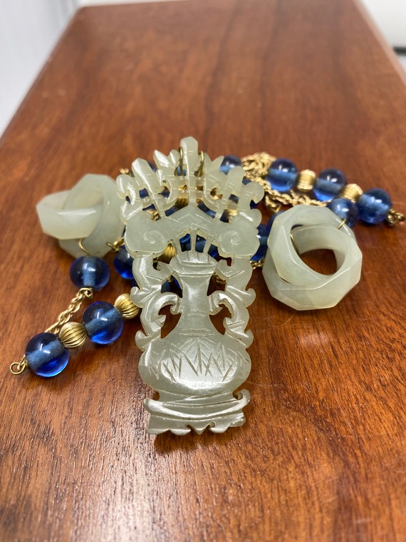 Antique Chinese Celadon Jade Pendant & Blue Glass… - image 3