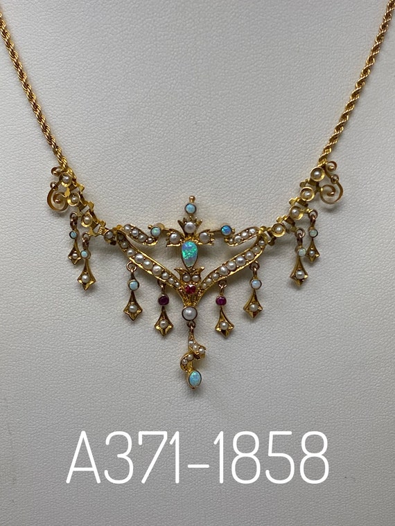 Antique Art Nouveau 9Kt Opal, Ruby and Pearl Neck… - image 9