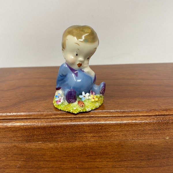 Vintage Wade, Blynken Whimsical Figurine, Vintage, Little Boy with Flowers and Ladybug.