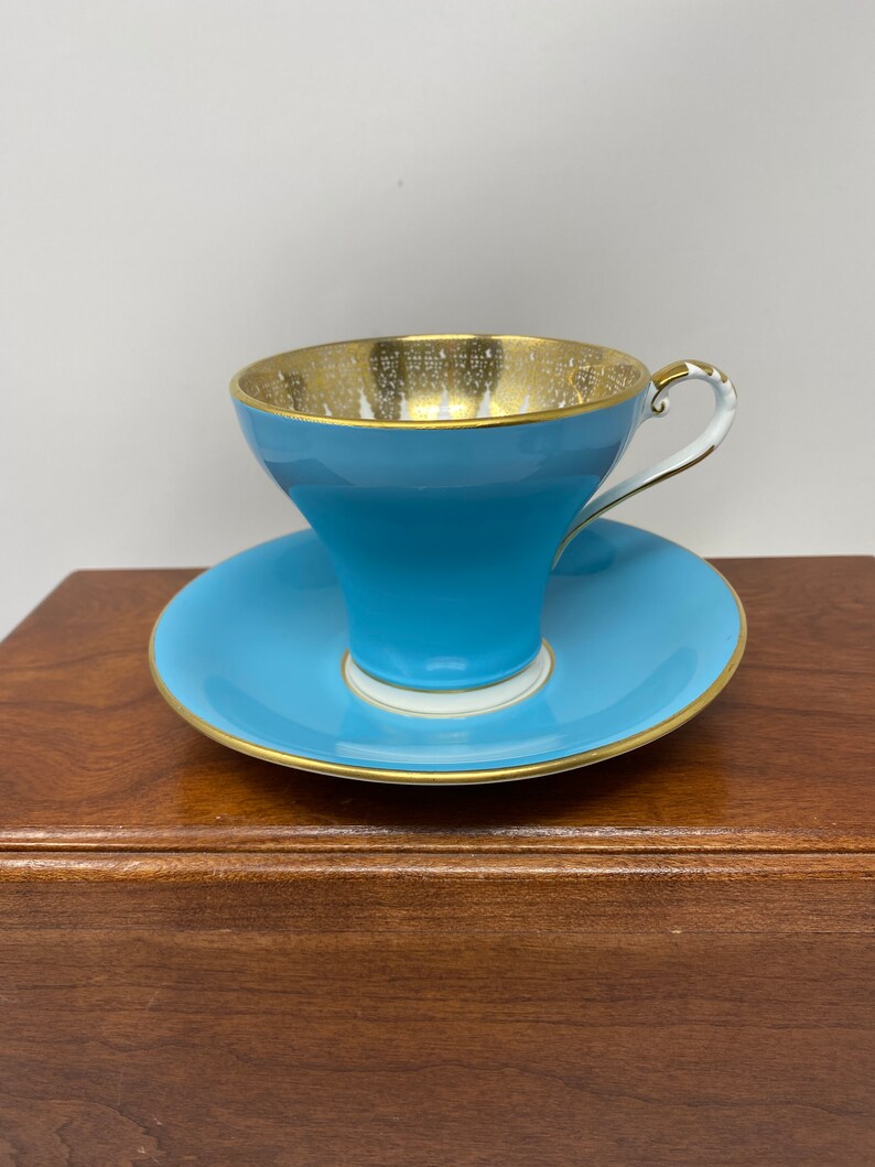 Aynsley Corset Shape Turquoise with Gold Trim Teacup and Saucer
