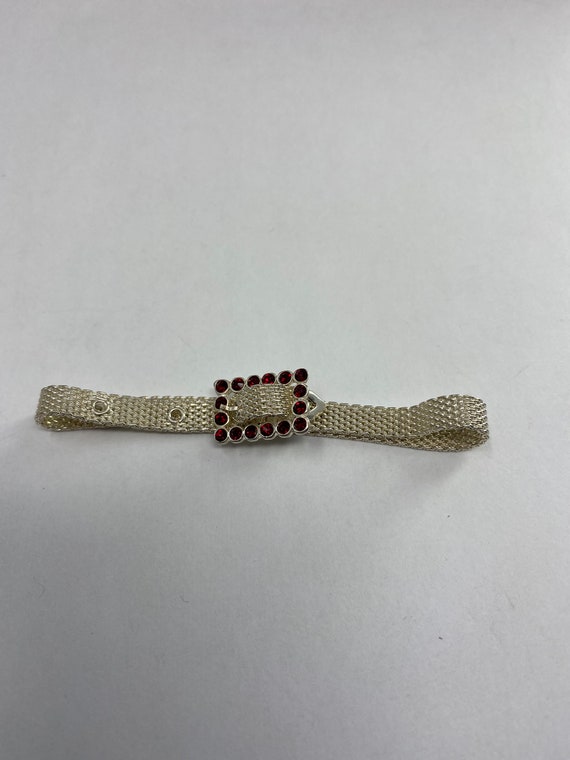 Sterling Italy Belt Design Mesh Bracelet with Red… - image 1