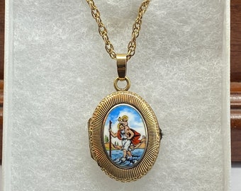 Antique Vintage Enamel Painted Saint Christopher Carrying  Jesus Rolled Gold Locket on Chain.