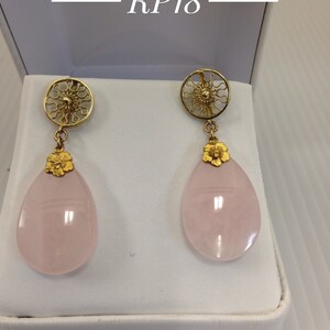 Antique Estate Victorian 14Kt Rose Quartz Tear Shape Pierce Earrings image 3