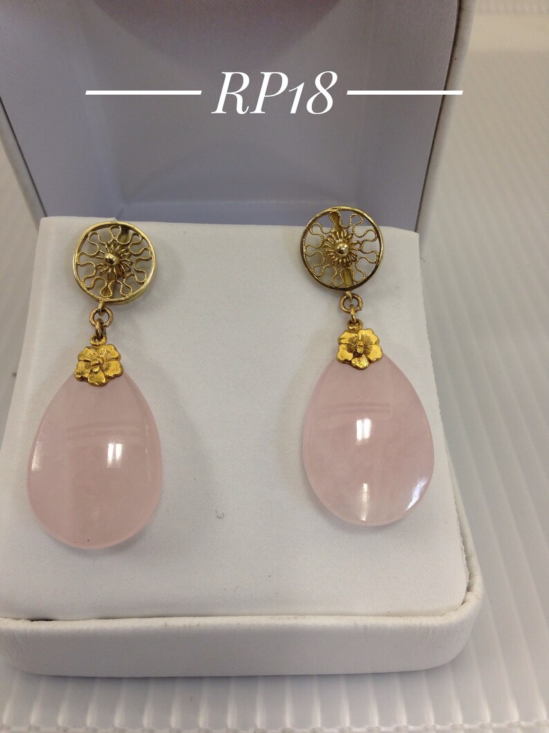 Antique Estate Victorian 14Kt Rose Quartz Tear Shape Pierce Earrings image 3