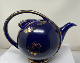 Hall USA 6 Cup Air Flow Cobalt Blue and Gold Teapot