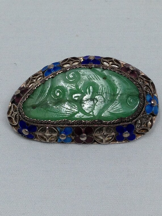 Antique Chinese Silver  Jade Enamel Brooch