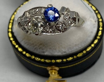 Vintage Estate Diamond & Sapphire 14K White Gold Star Filigree Ring  with a Professional 2,680.00 appraisal.