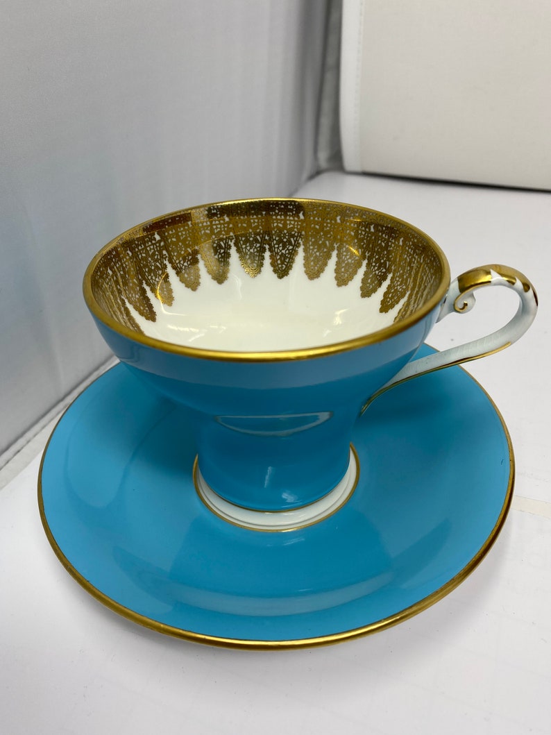 Aynsley Corset Shape Turquoise with Gold Trim Teacup and Saucer