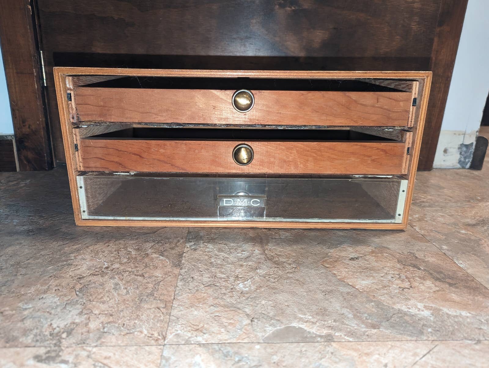 Vintage DMC Floss Wood Box 3 Drawer MCM Mid Century 17 X 10 X 8