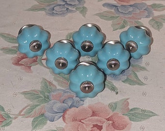 6 ceramic light blue Cabinet Drawer Pulls Knobs 1.5"