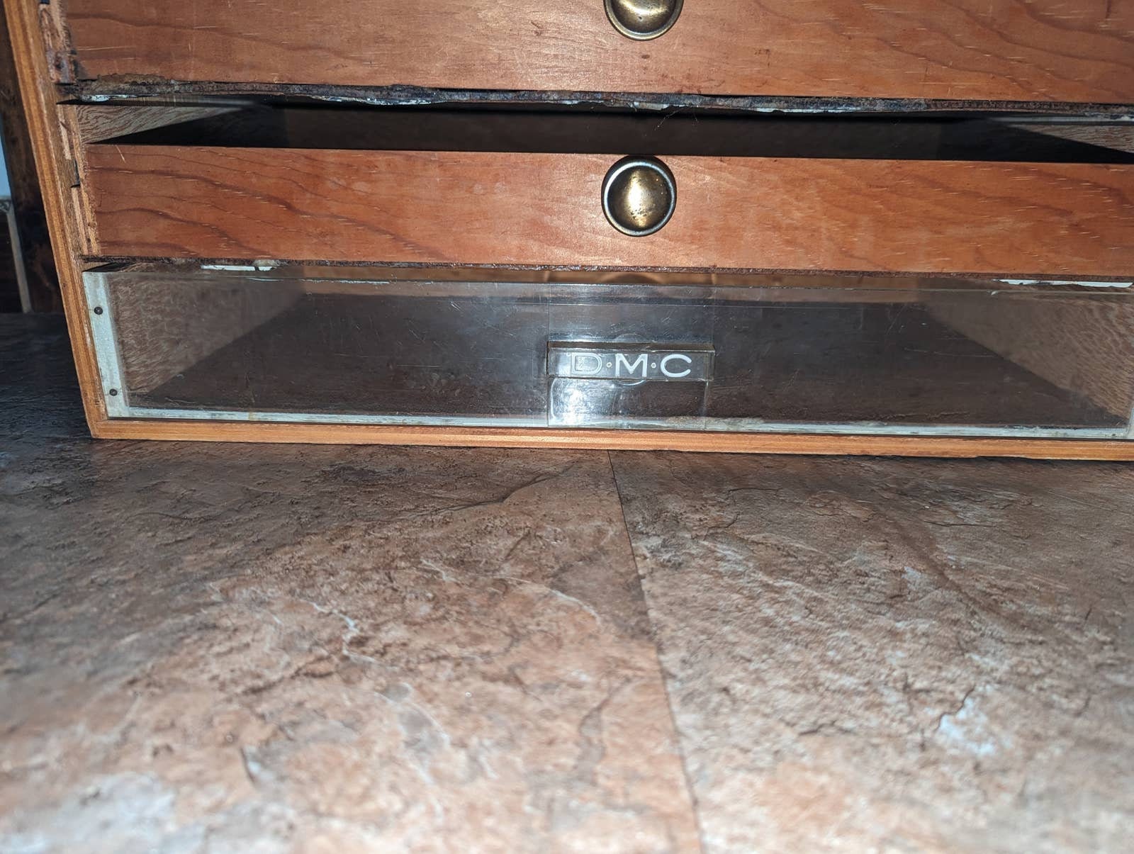 Vintage DMC Floss Wood Box 3 Drawer MCM Mid Century 17 X 10 X 8