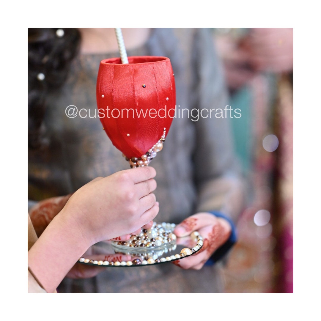 Red Decorative Glass Set, Doodh Pilai Glass With Mirror Plate, Wedding