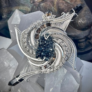 Argentium silver Ilvaite Fibonacci spiral handmade wirewrap crystal necklace masterpiece with natural and cut gemstone Smokey quartz