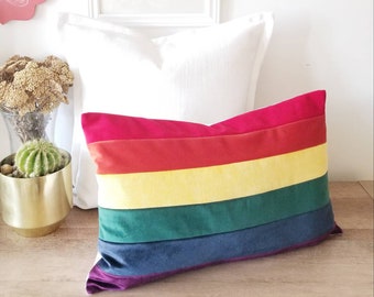 Rainbow Stripe Velvet Lumbar Pillow 12x20 inch