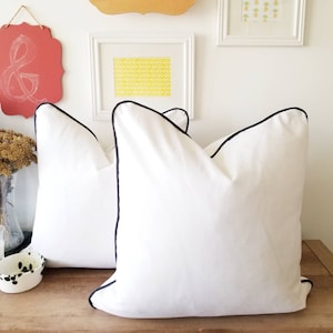 White Cotton Pillow Cover with Sapphire Velvet Piping Detail