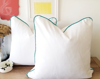 White Cotton Pillow Cover with  Turquoise Velvet Piping Detail