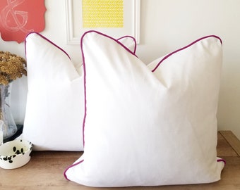 White Cotton Pillow Cover with  Rhodolite Velvet Piping Detail