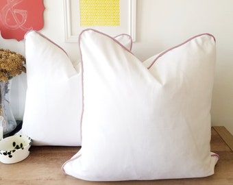 White Cotton Pillow Cover with  Blush Velvet Piping Detail